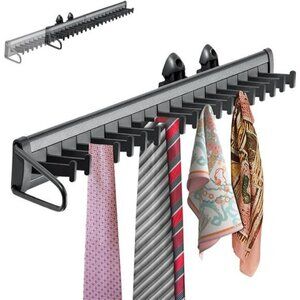 Sliding Tie Rack Closet Organizer 20 Hook Pull Out Belt Scarf Shawl Hanger Rail